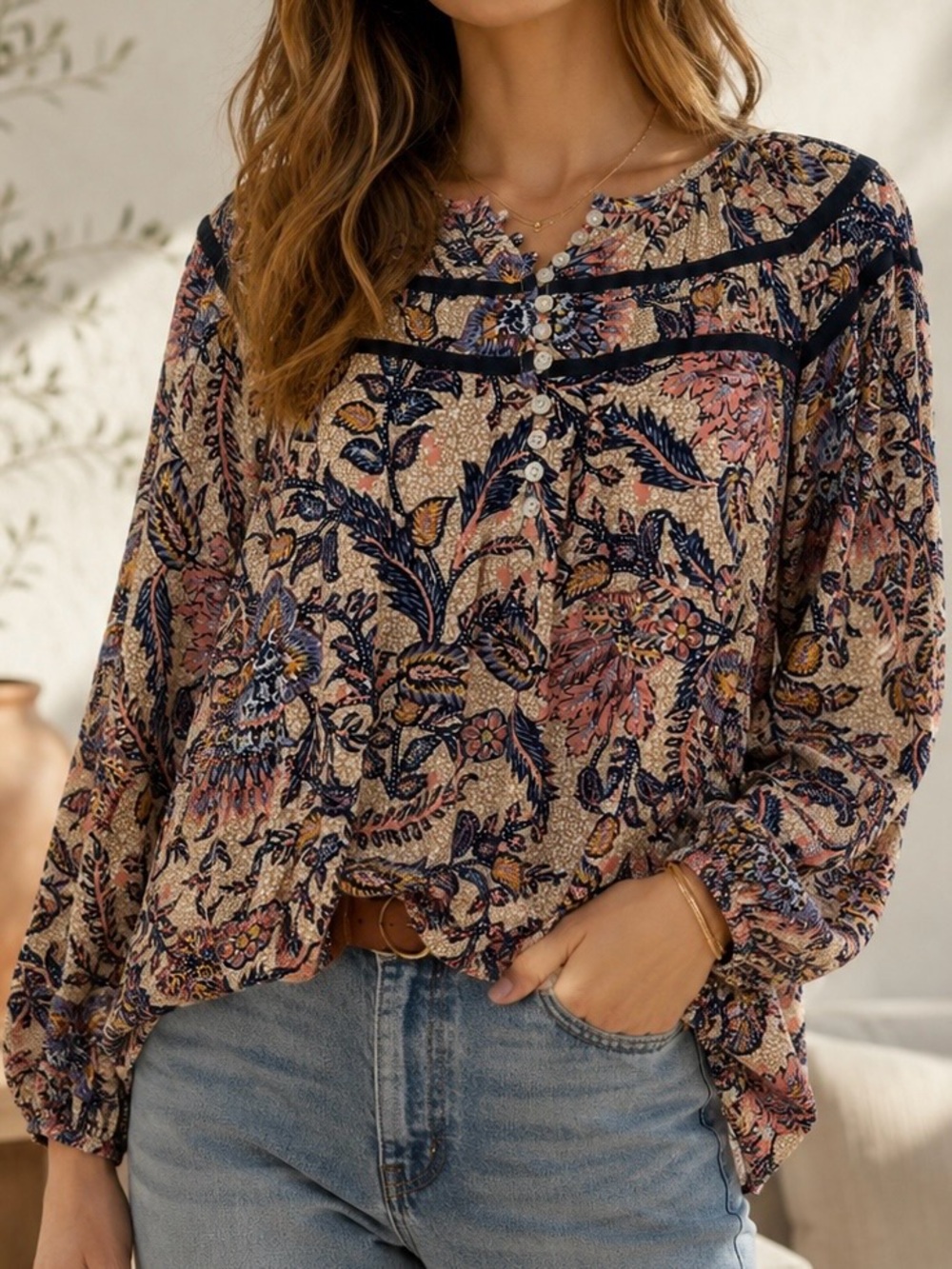 Evereve ‘Oliver’ Floral Paisley Gathered Button-Front Boho Blouse Size Medium